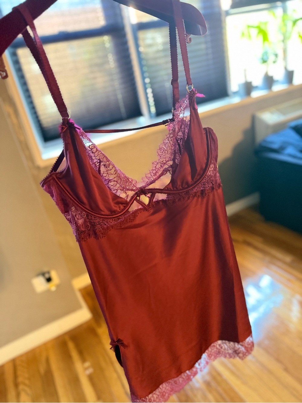 Lace-Trim Satin Chemise Slip in Burgundy